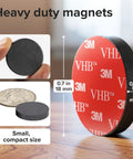 Heavy Duty Ceramic Round Magnets With Adhesive Backing 100 Pack 0.7 x 0.12 In, showing size comparison and adhesive surface