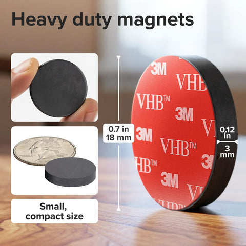 Heavy Duty Ceramic Round Magnets With Adhesive Backing 100 Pack 0.7 x 0.12 In, showing size comparison and adhesive surface