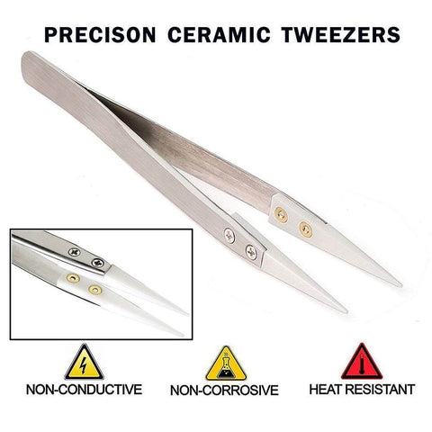 Ceramic Tip Tweezers For Precision Electrical Work With Non Conductive Ceramic Tips, Stainless Steel Build, Heat Resistant, Anti Magnetic.