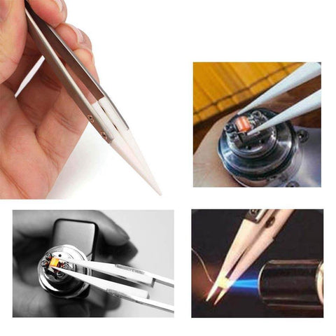 Ceramic Tip Tweezers For Precision Electrical Work With Non Conductive Ceramic Tips, Stainless Steel Build, in use on electronics
