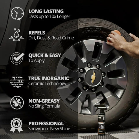 Applying Cerakote Rapid Ceramic Tire Coat Showroom New Tire Shine on SUV tire with foam pad for deep black finish and lasting shine