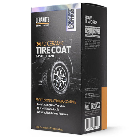 Packaging of Cerakote Rapid Ceramic Tire Coat Showroom New Tire Shine With Deep Black Finish That Lasts Up To 10x Longer No Sling Non-Greasy