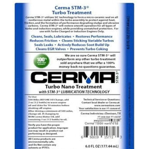 Product label for STM3 Turbo Treatment Ceramic Protection For Turbochargers Reduces Coking And Bushing Wear While Stabilizing Harmonic Instability Delivers Faster Spool Up After Engine Treatment Made In USA 2 Oz
