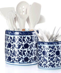 2 Pcs Blue and White Kitchen Utensil Holder 5"+6.1" Ceramic Kitchen Cooking Holder for Countertop Large Utensil Crock Chinoiserie Blue