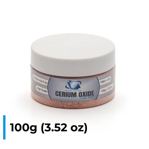Cerium Oxide Glass Polish Pro restores clarity by repairing light defects on glass surfaces, shown in a 100g jar display.