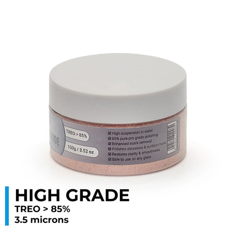 Cerium Oxide Glass Polish Pro in a single 100 g jar, 3.5 micron, TREO 85%, water-soluble powder for repairing glass surfaces and mirrors
