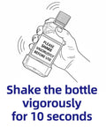 Illustration of a hand holding a bottle with label instructions to shake vigorously before use. Text reads: "Shake the bottle vigorously for 10 seconds."