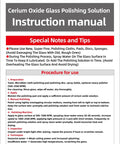 Instruction manual for Cerium Oxide Glass Polishing Solution, featuring usage tips and procedure details.