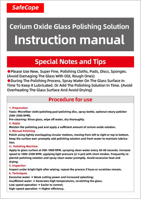 Instruction manual for Cerium Oxide Glass Polishing Solution, featuring usage tips and procedure details.