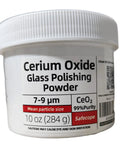 High-purity cerium oxide glass polishing powder, 99% purity with 7-9µm particles, 10 oz container, front view