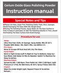 Instruction manual for high-purity cerium oxide glass polishing powder, detailing procedure for use and special notes.
