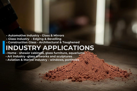 Cerium Oxide Glass Polish Pro restores clarity by repairing light defects on glass surfaces and mirrors, using a 3.5 micron powder displayed on table.