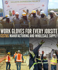 Workers wearing protective gloves at construction sites, promoting Cestus gloves for various jobsite needs.