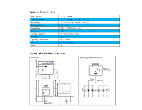 Technical specifications and dimensions of 12V 2-Pin CF-12 LED Flasher Relay for Turn Signals, Hyper Flash Fix for Motorcycles and Scooters