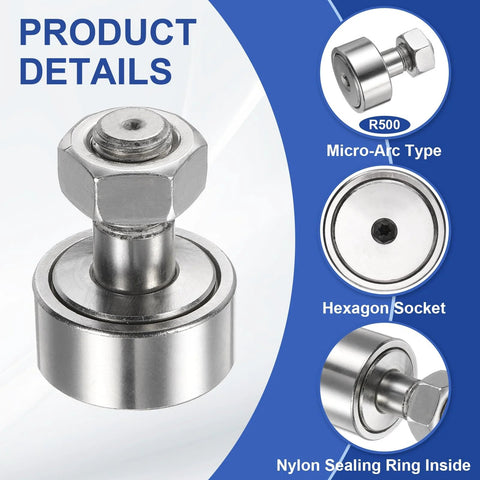 Cam Follower Track Runner Bearing CF12 KR30 304 Stainless Steel Needle Roller, M12 Hex Socket, Micro-Arc Type