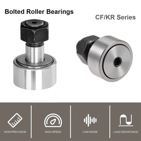 Beefed Up Heavy Duty Cam Follower Track Roller Bearings CF12 KR30 4 Piece Set shown, highlighting bolted design.