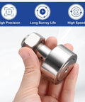 Hand holding uxcell CF18/KR40 X Cam Follower Track Runner Bearing, 304 Stainless Steel Needle Roller, highlighting precision features.
