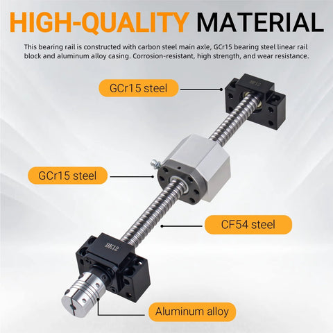 SFU1605 500mm Ball Screw With 16mm Diameter Antibacklash Ball Nut assembly in CF54 steel, labeled material components