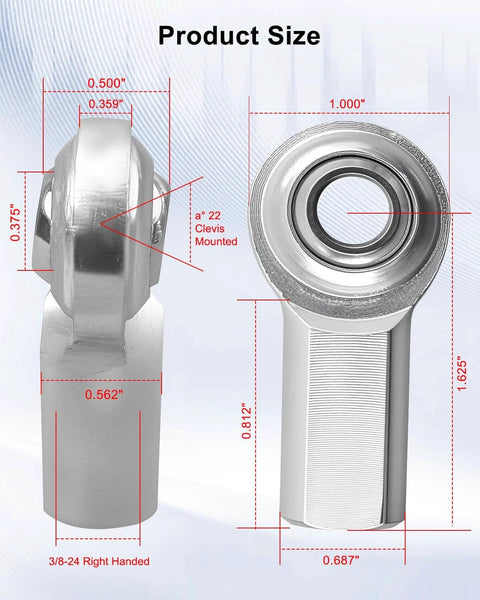 CF6 rod end bearing heim joint kit, 3/8 inch bore with 3/8-24 right hand female thread, product dimensions displayed.