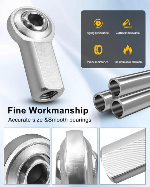 CF6 rod end bearing heim joint kit, 3/8 inch bore with 3/8-24 right hand female thread, stainless steel finish, various views