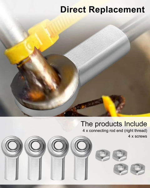 CF6 rod end bearing heim joint kit in use, showing 3/8 inch bore and female thread with four rod ends and jam nuts included