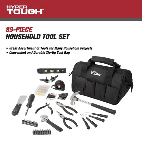 89-Piece Black Household Tool Set With 12 Pocket Tool Bag For Home DIY Projects And Everyday Repairs, compact multipurpose kit.