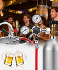 CGA-320 Keg Regulator With Quick Disconnect for Home Kegerators in use at a festive gathering, shown with beer kegs and pressure knobs.