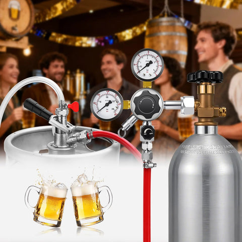CGA-320 Keg Regulator With Quick Disconnect for Home Kegerators in use at a festive gathering, shown with beer kegs and pressure knobs.