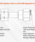 Diagram of Hydrogen Cylinder CGA 350 To Nitrogen Regulator CGA 580 Adaptor Brass Connector, showing thread sizes and compatible gases.