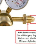 CGA 580 connector on Nitrogen And Inert Gas High Pressure Regulator With 0-1400 PSI Output, showing specifications and compatibility