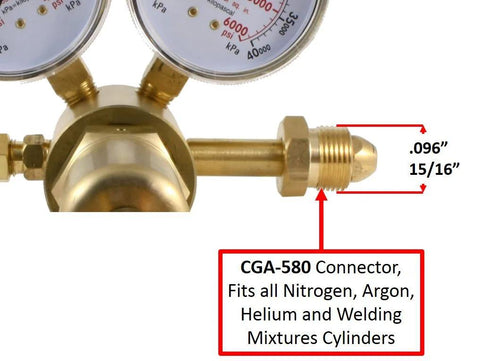 CGA 580 connector on Nitrogen And Inert Gas High Pressure Regulator With 0-1400 PSI Output, showing specifications and compatibility