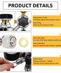 Product details of CGA-320 Keg Regulator with Quick Disconnect for Home Kegerators showing adjustment knob, inlet, and relief valve