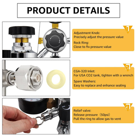 Product details of CGA-320 Keg Regulator with Quick Disconnect for Home Kegerators showing adjustment knob, inlet, and relief valve