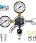 CGA-320 Keg Regulator With Quick Disconnect for Home Kegerators, features adjustable pressure knob and safety relief valve, shown with accessories