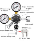 CGA-320 Keg Regulator With Quick Disconnect for Home Kegerators showing gauges, pressure adjustment knob, swivel nuts, and fittings