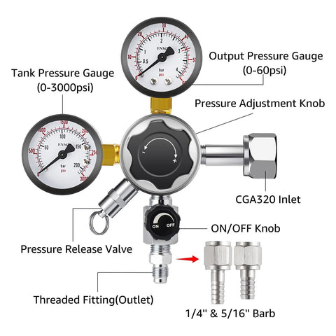 CGA-320 Keg Regulator With Quick Disconnect for Home Kegerators showing gauges, pressure adjustment knob, swivel nuts, and fittings