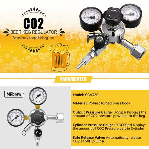 CGA-320 Keg Regulator with Quick Disconnect, adjustable pressure knob, gauges, safety relief valve, brass body, home kegerators