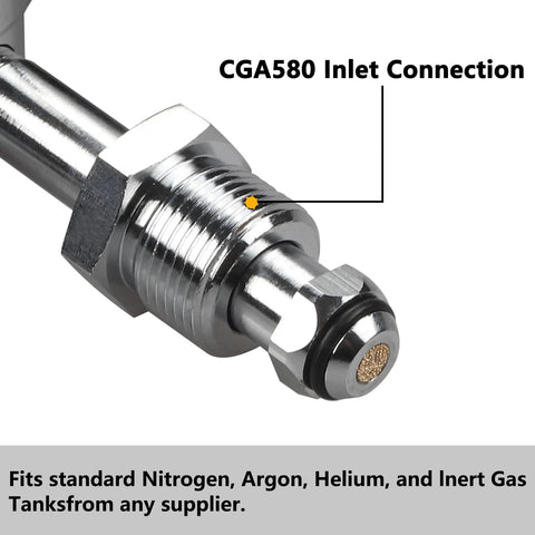 Close-up of CGA-580 inlet connection for Dual Gauge Nitrogen Regulator For Draft Beer CGA-580 With Pressure Release Valve Red Gas Line.