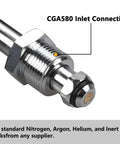 Close-up of CGA580 inlet connection on draft beer nitrogen regulator for homebrew keg setup with dual gauges.