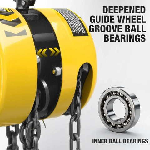1 Ton Hand Chain Hoist Chain Block With 2 Heavy Duty Hooks 10 Ft Lift 2200 Lbs Capacity showing guide wheel and ball bearings