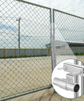 Two Pack Chain Link Fence Gate Brackets Universal Rolling Sliding Track Wall Mounts For Diameter From One And Five Eighths To Two And Seven Eighths Inch Track Pipe Post Galvanized Steel Coating Durable And Reliable Complete Gate Fitting Set, installed on a fence.