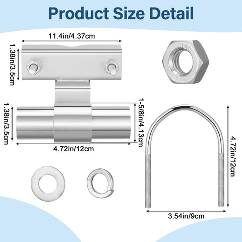 Two Pack Chain Link Fence Gate Brackets Universal Rolling Sliding Track Wall Mounts For Diameter From One And Five Eighths To Two And Seven Eighths Inch Track Pipe Post Galvanized Steel Coating Durable And Reliable Complete Gate Fitting Set with dimensions and components shown