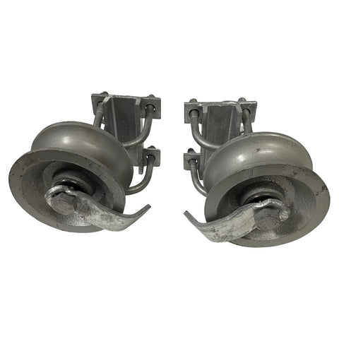 Pair Of Chain Link Sliding Gate Rollers For 1 And 5 Eighths Inch Pipe Track With Double U Bolt And Safety Catch, Machined Steel Wheel