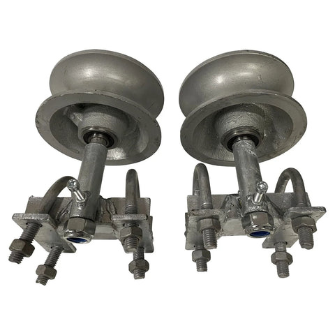 Pair Of Chain Link Sliding Gate Rollers For 1 And 5 Eighths Inch Pipe Track With Double U Bolt And Safety Catch, Machined Steel Wheel With Maintenance Free Bearings, Fits 1 And 7 Eighths Or 1 And 5 Eighths Inch Gate Frame, Rated Up To 1000 Lb