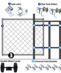 Illustration of a Rolling Gate Hardware Kit for Chain Link Gate Sliding Gate Hardware, showing components and assembly layout.