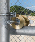 Rear Pipe Track Wheels For Chain Link Sliding Gates Fit Two Inch Gate Frames And One Seven Eighths Inch Track Pipes Durable Galvanized Steel Construction For Rust Resistance And Smooth Stable Gate Movement One Pack installed view.