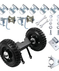 Rolling Gate Hardware Kit for Chain Link Gate Sliding Gate Hardware showing wheels, brackets, and fasteners for sliding gate construction