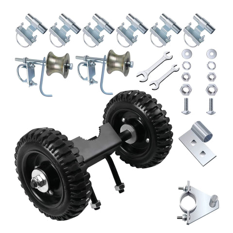 Rolling Gate Hardware Kit for Chain Link Gate Sliding Gate Hardware showing wheels, brackets, and fasteners for sliding gate construction