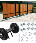 Rolling Gate Hardware Kit for Chain Link Gate Sliding Gate Hardware, components displayed with wood gate setup on pavement