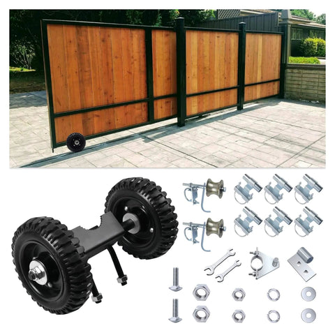 Rolling Gate Hardware Kit for Chain Link Gate Sliding Gate Hardware, components displayed with wood gate setup on pavement